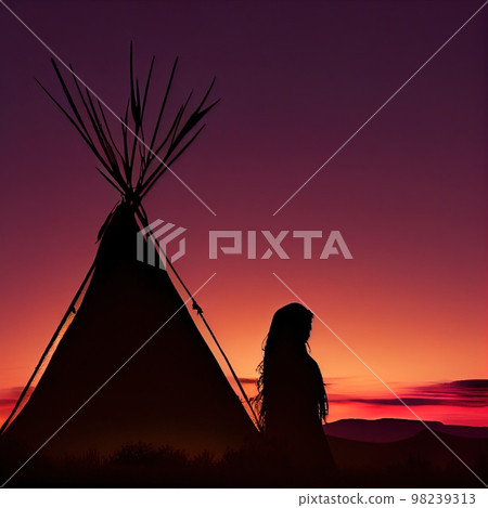 Silhouette of a woman from an Indian tribe in front of a teepee. Generative AI Art Silhouette of a woman from an Indian tribe in front of a teepee. Generative AI Art 98239313