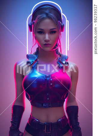 A fictional person, not based on a real person. Portrait of a sci-fi cyberpunk girl. High-tech futuristic woman from the future. The concept of virtual reality and cyberpunk. 3D render. A fictional person, not based on a real person. Portrait of a sci-fi cyberpunk girl. High-tech futuristic woman from the future. The concept of virtual reality and cyberpunk. 3D render. 98239317
