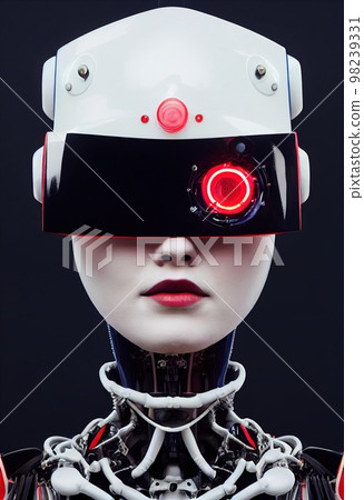 A fictional person, not based on a real person. Portrait of a futuristic female robot. An artistic abstract cyberpunk fantasy. Concept of a modern robot. 3d rendering A fictional person, not based on a real person. Portrait of a futuristic female robot. An artistic abstract cyberpunk fantasy. Concept of a modern robot. 3d rendering 98239331