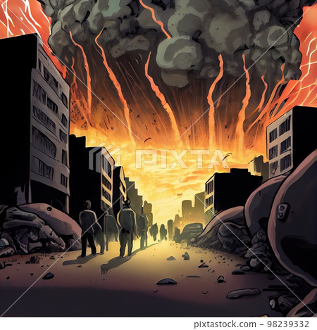 A post-apocalyptic ruined city. Destroyed buildings, destroyed roads, blown up skyscrapers. The concept of the apocalypse. 3d rendering A post-apocalyptic ruined city. Destroyed buildings, destroyed roads, blown up skyscrapers. The concept of the apocalypse. 3d rendering 98239332