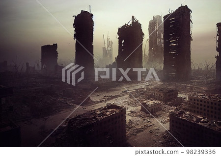 A post-apocalyptic ruined city. Destroyed buildings, destroyed roads, blown up skyscrapers. The concept of the apocalypse. 3d rendering A post-apocalyptic ruined city. Destroyed buildings, destroyed roads, blown up skyscrapers. The concept of the apocalypse. 3d rendering 98239336