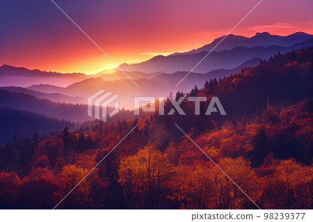 Beautiful ancient mountains at sunset, in the evening sunlight and in the fog. 3D rendering. 98239377