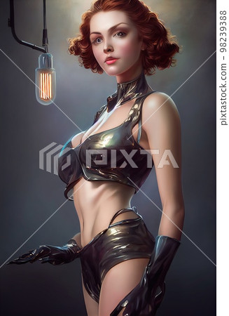 A fictional person, not based on a real person. Abstract portrait of a beautiful fictional steampunk girl. Fashionable cute woman. Creative beautiful girl. 3d rendering 98239388