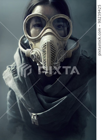 Portrait of a surviving stalker in an old gas mask against an apocalyptic background. Survivor of nuclear war. The concept of the post-apocalypse. Generative AI Art Portrait of a surviving stalker in an old gas mask against an apocalyptic background. Survivor of nuclear war. The concept of the post-apocalypse. Generative AI Art 98239425