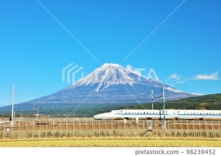 Fuji in the blue sky and the bullet train 98239452