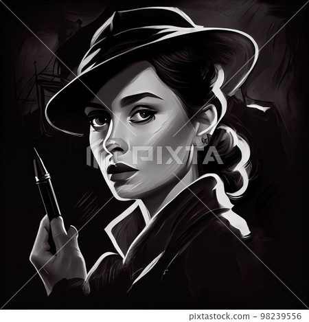 A detective investigates a case in the dark in a hat and cape. A character in a black and white retro movie. Generative AI Art. 98239556