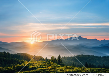 Beautiful ancient mountains at sunset, in the evening sunlight and in the fog. 3D rendering. 98239628
