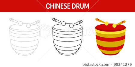 Chinese Drum tracing and coloring worksheet for kids 98241279