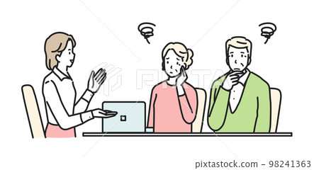 Anxious senior couple consulting a woman 98241363