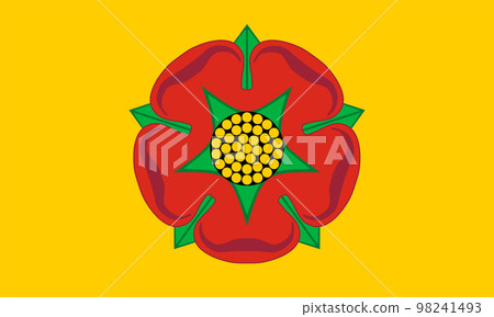 Flag of Lancashire or Lancs Ceremonial county (England, United Kingdom of Great Britain and Northern Ireland, uk) Red Rose flower of Lancaster on a yellow (gold) field 98241493