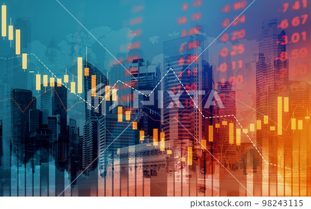 Declining graphs and digital indicators overlap modernistic city background. 98243115