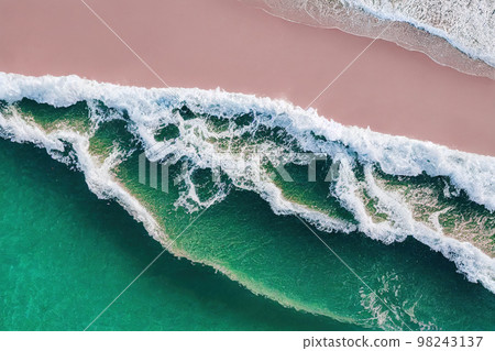 Spectacular top view from drone photo of beautiful pink beach. Spectacular top view from drone photo of beautiful pink beach. 98243137