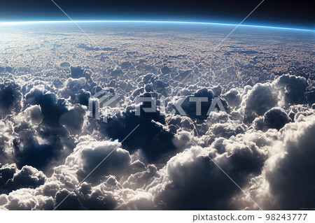 Splendid cloudscape above earth's atmosphere with starry space at horizon. 98243777