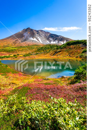 秋季在北海道大雪山旭岳看到的池塘周圍五顏六色的秋葉和清澈的藍天 秋季在北海道大雪山旭岳看到的池塘周圍五顏六色的秋葉和清澈的藍天 98243862