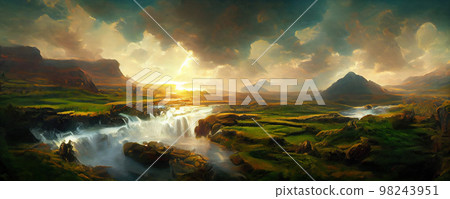 Panorama of splendid natural landscape of green field and hills with a river. 98243951