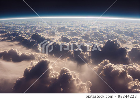 Splendid cloudscape above earth's atmosphere with starry space at horizon. 98244228
