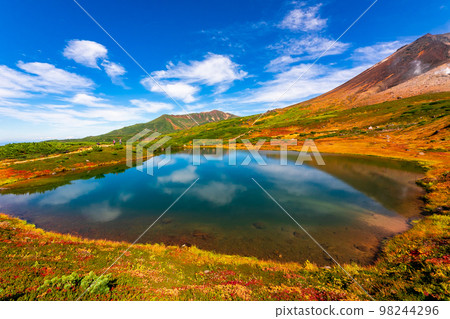 Autumn leaves, green plants and clear blue sky around the pond seen at Mt. Asahidake in Daisetsuzan, Hokkaido in autumn 98244296