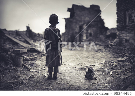 Children suffer from war concept in splendid digital art 3D illustration. 98244495