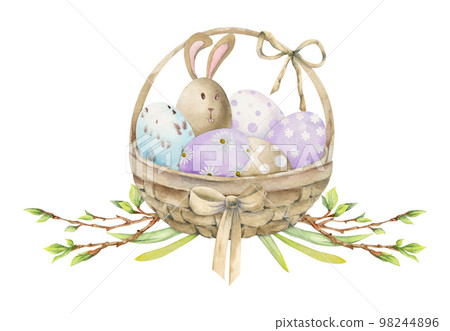 Watercolor hand drawn Easter celebration clipart. Basket of painted pastel eggs, bunnies, spring flowers. Isolated on white background. Design for invitations, gifts, greeting cards, print, textile Watercolor hand drawn Easter celebration clipart. Basket of painted pastel eggs, bunnies, spring flowers. Isolated on white background. Design for invitations, gifts, greeting cards, print, textile 98244896