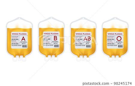 Plasma blood bag yellow with label different Plasma group A, B, O and Rh system. Plasma donation ideas to help the injured medical. 3D Vector EPS10 illustration Plasma blood bag yellow with label different Plasma group A, B, O and Rh system. Plasma donation ideas to help the injured medical. 3D Vector EPS10 illustration 98245174