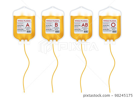 Plasma blood bag yellow with label different Plasma group A, B, O and Rh system. Plasma donation ideas to help the injured medical. 3D Vector EPS10 illustration Plasma blood bag yellow with label different Plasma group A, B, O and Rh system. Plasma donation ideas to help the injured medical. 3D Vector EPS10 illustration 98245175