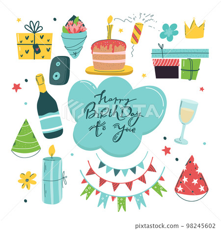 Celebration party carnival festive icons set. Colorful symbols - hat, mask, gifts, balloon Celebration party carnival festive icons set. Colorful symbols - hat, mask, gifts, balloon 98245602