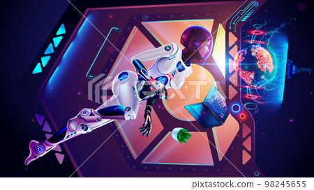 Female astronaut in spacesuit hovers in weightlessness inside spaceship against background of porthole. Woman cosmonaut works with control panel of space station. Hologram of Earth on virtual monitor. 98245655