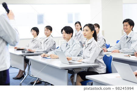 Men and women wearing work clothes receiving training Men and women wearing work clothes receiving training 98245994