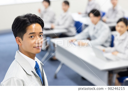 Men and women wearing work clothes receiving training Men and women wearing work clothes receiving training 98246215