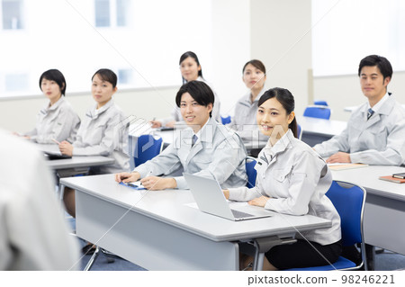 Men and women wearing work clothes receiving training Men and women wearing work clothes receiving training 98246221