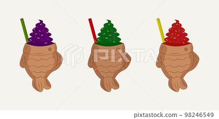 Taiyaki Ice Cream. Fish bread Cone Custard. green, red, purple. asian food. vector illustration Taiyaki Ice Cream. Fish bread Cone Custard. green, red, purple. asian food. vector illustration 98246549