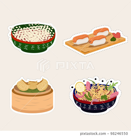 Stickers Asian eat food. Vector illustration. Rice, sushi, Chinese dumplings, wok noodles Stickers Asian eat food. Vector illustration. Rice, sushi, Chinese dumplings, wok noodles 98246550