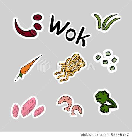 Stickers Asian eat food. Vector illustration Wok noodles, seafood, greens, spices, peppers, shrimp 98246557