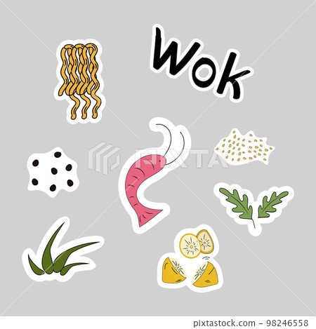 Stickers Asian eat food. Vector illustration Wok noodles, seafood, greens, spices, peppers, shrimp Stickers Asian eat food. Vector illustration Wok noodles, seafood, greens, spices, peppers, shrimp 98246558
