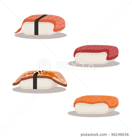 Sushi set with shrimp, eel, salmon, tuna. Delicious Asian food Traditional. Vector illustration. 98246636