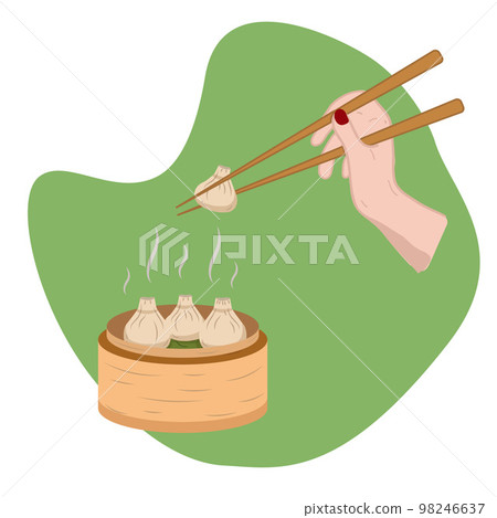 Chinese dumplings on plate with Chopsticks. Delicious Asian food Traditional. Vector illustration. 98246637
