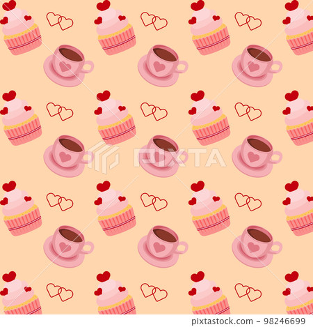 Seamless pattern with cupcakes, coffee cups, and hearts on beige background. Vector illustration Seamless pattern with cupcakes, coffee cups, and hearts on beige background. Vector illustration 98246699