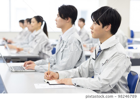 Men and women wearing work clothes receiving training Men and women wearing work clothes receiving training 98246789