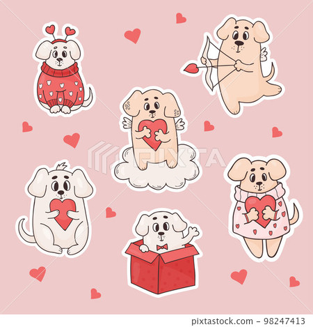 Collection stickers romantic dogs. Cute pets with heart, in box and funny winged cupid puppy. Vector illustration in color doodle style. Isolated funny animals for love romantic design, decor. Collection stickers romantic dogs. Cute pets with heart, in box and funny winged cupid puppy. Vector illustration in color doodle style. Isolated funny animals for love romantic design, decor. 98247413