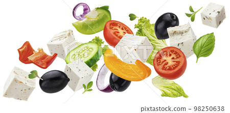 Falling greek salad isolated on white background Falling greek salad isolated on white background 98250638