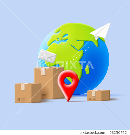 3d illustration of shipment delivery with globe icon and  98250732