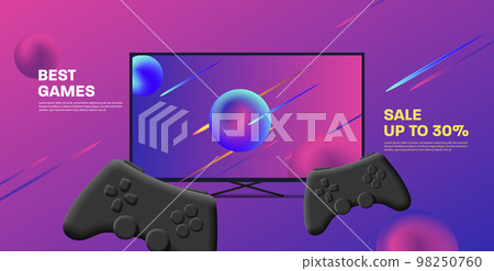 Game console with gamepads and large screen in abstract space background Game console with gamepads and large screen in abstract space background 98250760