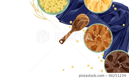 小盤子上味噌和大豆的手繪水彩插圖 98251234