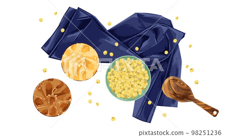 Hand-drawn watercolor illustration of miso and soybeans on a small plate 98251236