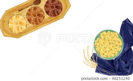Hand-drawn watercolor illustration of miso and soybeans on a small plate 98251240