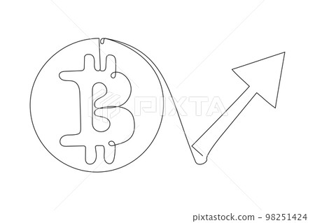 Continuous line drawing bitcoin crypto currency appreciation. Green Bitcoin icon with increasing arrow vector illustration. 98251424