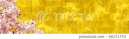 櫻花盛開的輪迴風格背景藝術,雲彩在金箔背景下閃耀 櫻花盛開的輪迴風格背景藝術,雲彩在金箔背景下閃耀 98251754