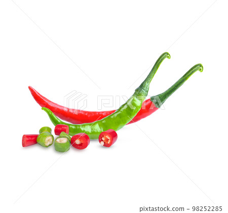 Red and green chili , Heaps of red, green chopped chili peppers isolated on white background. Red and green chili , Heaps of red, green chopped chili peppers isolated on white background. 98252285