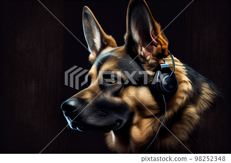 German shepherd listening music in headphones German shepherd listening music in headphones 98252348