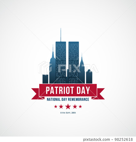 Patriot Day concept design with Twin Towers, red ribbon and text We Will Never forget. 98252618